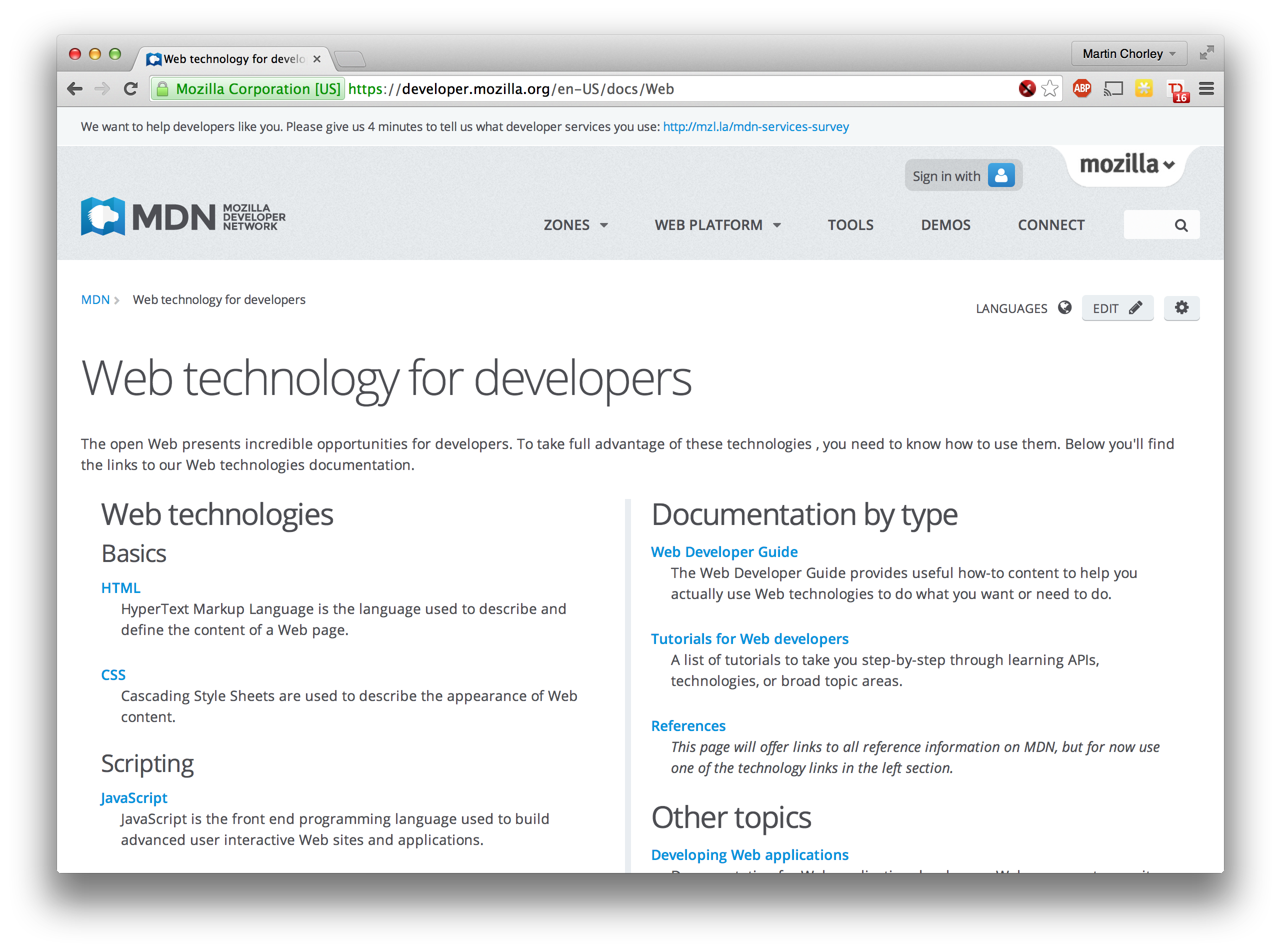 A screenshot of the Web section of the Mozilla Developer Network resource